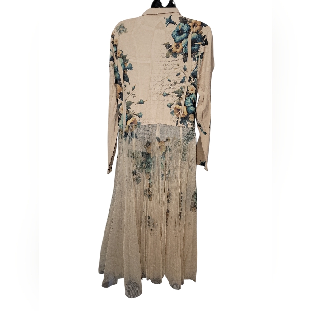 ORIGAMI Victorian Lace TulleTeal Hibiscus Western Print Cardigan Duster L - Picture 2 of 6